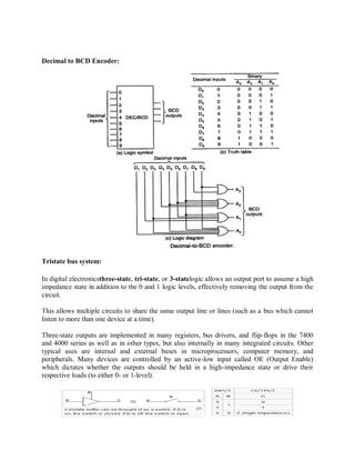 Decimal to BCD Encoder:
Tristate bus system:
In digital electronicsthree-state, tri-state, or 3-statelogic allows an output port to assume a high
impedance state in addition to the 0 and 1 logic levels, effectively removing the output from the
circuit.
This allows multiple circuits to share the same output line or lines (such as a bus which cannot
listen to more than one device at a time).
Three-state outputs are implemented in many registers, bus drivers, and flip-flops in the 7400
and 4000 series as well as in other types, but also internally in many integrated circuits. Other
typical uses are internal and external buses in microprocessors, computer memory, and
peripherals. Many devices are controlled by an active-low input called OE (Output Enable)
which dictates whether the outputs should be held in a high-impedance state or drive their
respective loads (to either 0- or 1-level).
 