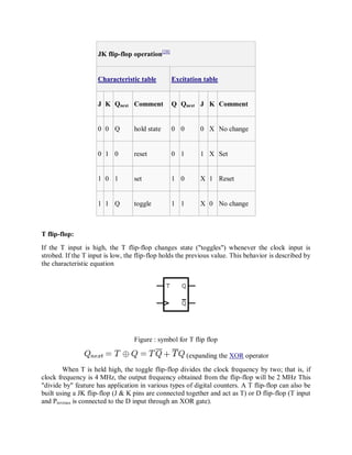 JK flip-flop operation[28]
Characteristic table Excitation table
J K Qnext Comment Q Qnext J K Comment
0 0 Q hold state 0 0 0 X No change
0 1 0 reset 0 1 1 X Set
1 0 1 set 1 0 X 1 Reset
1 1 Q toggle 1 1 X 0 No change
T flip-flop:
If the T input is high, the T flip-flop changes state ("toggles") whenever the clock input is
strobed. If the T input is low, the flip-flop holds the previous value. This behavior is described by
the characteristic equation
Figure : symbol for T flip flop
(expanding the XOR operator
When T is held high, the toggle flip-flop divides the clock frequency by two; that is, if
clock frequency is 4 MHz, the output frequency obtained from the flip-flop will be 2 MHz This
"divide by" feature has application in various types of digital counters. A T flip-flop can also be
built using a JK flip-flop (J & K pins are connected together and act as T) or D flip-flop (T input
and Previous is connected to the D input through an XOR gate).
 