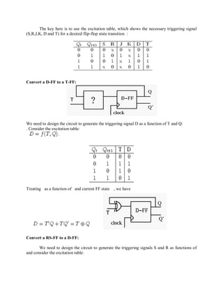 The key here is to use the excitation table, which shows the necessary triggering signal
(S,R,J,K, D and T) for a desired flip-flop state transition :
Convert a D-FF to a T-FF:
We need to design the circuit to generate the triggering signal D as a function of T and Q:
. Consider the excitation table:
Treating as a function of and current FF state , we have
Convert a RS-FF to a D-FF:
We need to design the circuit to generate the triggering signals S and R as functions of
and consider the excitation table:
 