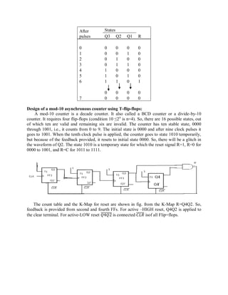 After
pulses
States
RQ3 Q2 Q1
0 0 0 0 0
1 0 0 1 0
2 0 1 0 0
3 0 1 1 0
4 1 0 0 0
5 1 0 1 0
6 1 1 0 1
0 0 0 0
7 0 0 0 0
Design of a mod-10 asynchronous counter using T-flip-flops:
A mod-10 counter is a decade counter. It also called a BCD counter or a divide-by-10
counter. It requires four flip-flops (condition 10 ≤2n
is n=4). So, there are 16 possible states, out
of which ten are valid and remaining six are invalid. The counter has ten stable state, 0000
through 1001, i.e., it counts from 0 to 9. The initial state is 0000 and after nine clock pulses it
goes to 1001. When the tenth clock pulse is applied, the counter goes to state 1010 temporarily,
but because of the feedback provided, it resets to initial state 0000. So, there will be a glitch in
the waveform of Q2. The state 1010 is a temporary state for which the reset signal R=1, R=0 for
0000 to 1001, and R=C for 1011 to 1111.
The count table and the K-Map for reset are shown in fig. from the K-Map R=Q4Q2. So,
feedback is provided from second and fourth FFs. For active –HIGH reset, Q4Q2 is applied to
the clear terminal. For active-LOW reset 𝑄4𝑄2 is connected 𝐶𝐿𝑅 isof all Flip=flops.
 