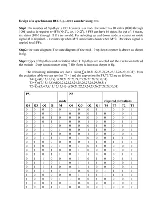 Design of a synchronous BCD Up-Down counter using FFs:
Step1: the number of flip-flops: a BCD counter is a mod-10 counter has 10 states (0000 through
1001) and so it requires n=4FFs(N≤2n
,, i.e., 10≤24
). 4 FFS can have 16 states. So out of 16 states,
six states (1010 through 1111) are invalid. For selecting up and down mode, a control or mode
signal M is required. , it counts up when M=1 and counts down when M=0. The clock signal is
applied to all FFs.
Step2: the state diagram: The state diagram of the mod-10 up-down counter is drawn as shown
in fig.
Step3: types of flip-flops and excitation table: T flip-flops are selected and the excitation table of
the modulo-10 up down counter using T flip-flops is drawn as shown in fig.
The remaining minterms are don‘t cares(∑d(20,21,22,23,24,25,26,37,28,29,30,31)) from
the excitation table we can see that T1=1 and the expression for T4,T3,T2 are as follows.
T4=∑m(0,15,16,19)+d(20,21,22,23,24,25,26,27,28,29,30,31)
T3=∑m(7,15,16,8)+d(20,21,22,23,24,25,26,27,28,29,30,31)
T2=∑m(3,4,7,8,11,12,15,16)+d(20,21,22,23,24,25,26,27,28,29,30,31)
PS
mode
NS
required excitations
Q4 Q3 Q2 Q1 M Q4 Q3 Q2 Q1 T4 T3 T2 T1
0 0 0 0 0 1 0 0 1 1 0 0 1
0 0 0 0 1 0 0 0 1 0 0 0 1
0 0 0 1 0 0 0 0 0 0 0 0 1
0 0 0 1 1 0 0 1 0 0 0 1 1
0 0 1 0 0 0 0 0 1 0 0 1 1
0 0 1 0 1 0 0 1 1 0 0 0 1
0 0 1 1 0 0 0 1 0 0 0 0 1
0 0 1 1 1 0 1 0 0 0 1 1 1
0 1 0 0 0 0 0 1 1 0 1 1 1
0 1 0 0 1 0 1 0 1 0 0 0 1
0 1 0 1 0 0 1 0 0 0 0 0 1
0 1 0 1 1 0 1 1 0 0 0 1 1
0 1 1 0 0 0 1 0 1 0 0 1 1
0 1 1 0 1 0 1 1 1 0 0 0 1
0 1 1 1 0 0 1 1 0 0 0 0 1
0 1 1 1 1 1 0 0 0 1 1 1 1
1 0 0 0 0 0 1 1 1 1 1 1 1
1 0 0 0 1 1 0 0 1 0 0 0 1
1 0 0 1 0 1 0 0 0 0 0 0 1
1 0 0 1 1 0 0 0 0 1 0 0 1
 