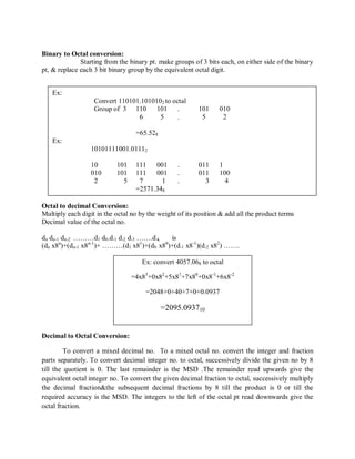 Binary to Octal conversion:
Starting from the binary pt. make groups of 3 bits each, on either side of the binary
pt, & replace each 3 bit binary group by the equivalent octal digit.
Octal to decimal Conversion:
Multiply each digit in the octal no by the weight of its position & add all the product terms
Decimal value of the octal no.
dn dn-1 dn-2 ………d1 d0.d-1 d-2 d-3 …….d-k is
(dn x8n
)+(dn-1 x8n-1
)+ ………(d1 x81
)+(d0 x80
)+(d-1 x8-1
)(d-2 x82
) …….
Decimal to Octal Conversion:
To convert a mixed decimal no. To a mixed octal no. convert the integer and fraction
parts separately. To convert decimal integer no. to octal, successively divide the given no by 8
till the quotient is 0. The last remainder is the MSD .The remainder read upwards give the
equivalent octal integer no. To convert the given decimal fraction to octal, successively multiply
the decimal fraction&the subsequent decimal fractions by 8 till the product is 0 or till the
required accuracy is the MSD. The integers to the left of the octal pt read downwards give the
octal fraction.
Ex: convert 4057.068 to octal
=4x83
+0x82
+5x81
+7x80
+0x8-1
+6x8-2
=2048+0+40+7+0+0.0937
=2095.093710
Ex:
Convert 110101.1010102 to octal
Group of 3 110 101 . 101 010
6 5 . 5 2
=65.528
Ex:
10101111001.01112
10 101 111 001 . 011 1
010 101 111 001 . 011 100
2 5 7 1 . 3 4
=2571.348
 