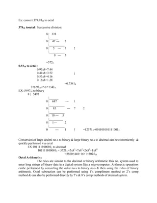 Ex: convert 378.9310 to octal
37810 tooctal: Successive division:
8 | 378
|______
8 | 47 --- 2
|__________
8 | 5 --- 7 ↑
|__________
0 --- 5
=5728
0.9310 to octal :
0.93x8=7.44
0.44x8=3.52 ↓
0.53x8=4.16
0.16x8=1.28
=0.73418
378.9310=572.73418
EX: 549710 to binary
8 | 5497
|______
8 | 687 --- 1
|__________
8 | 85 --- 7 ↑
|__________
8 | 10 --- 5
|_________
8 | 1--- 2
|__________
0 --- 1 ↑ =125718=0010101011110012
Conversion of large deciml no.s to binary & large binary no.s to decimal can be conveniently &
quickly performed via octal
EX:1011110100012 to decimal
1011110100012 = 57218 =5x83
+7x82
+2x81
+1x80
=2560+448+16+1=302510
Octal Arithmetic:
The rules are similar to the decimal or binary arithmetic.This no. system used to
enter long strings of binary data in a digital system like a microcomputer. Arithmetic operations
canbe performed by converting the octal no.s to binary no.s & then using the rules of binary
arithmetic. Octal subtraction can be performed using 1‘s compliment method or 2‘s comp
method & can also be performed directly by 7‘s & 8‘s comp methods of decimal system.
 