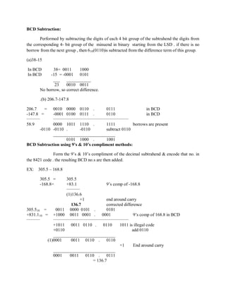 BCD Subtraction:
Performed by subtracting the digits of each 4 bit group of the subtrahend the digits from
the corresponding 4- bit group of the minuend in binary starting from the LSD . if there is no
borrow from the next group , then 610(0110)is subtracted from the difference term of this group.
(a)38-15
In BCD 38= 0011 1000
In BCD -15 = -0001 0101
___ ___________
23 0010 0011
No borrow, so correct difference.
.(b) 206.7-147.8
206.7 = 0010 0000 0110 . 0111 in BCD
-147.8 = -0001 0100 0111 . 0110 in BCD
_________ ___________________________________________________
58.9 0000 1011 1110 . 1111 borrows are present
-0110 -0110 . -0110 subtract 0110
____________________________
0101 1000 . 1001
BCD Subtraction using 9’s & 10’s compliment methods:
Form the 9‘s & 10‘s compliment of the decimal subtrahend & encode that no. in
the 8421 code . the resulting BCD no.s are then added.
EX: 305.5 – 168.8
305.5 = 305.5
-168.8= +83.1 9‘s comp of -168.8
_________
(1)136.6
+1 end around carry
136.7 corrected difference
305.510 = 0011 0000 0101 . 0101
+831.110 = +1000 0011 0001 . 0001 9‘s comp of 168.8 in BCD
_________ ___________________________________________________
+1011 0011 0110 . 0110 1011 is illegal code
+0110 add 0110
____________________________
(1)0001 0011 0110 . 0110
+1 End around carry
____________________________
0001 0011 0110 . 0111
= 136.7
 