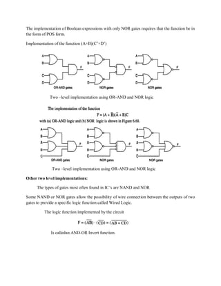 The implementation of Boolean expressions with only NOR gates requires that the function be in
the form of POS form.
Implementation of the function (A+B)(C‘+D‘)
Two –level implementation using OR-AND and NOR logic
Two –level implementation using OR-AND and NOR logic
Other two level implementations:
The types of gates most often found in IC‘s are NAND and NOR
Some NAND or NOR gates allow the possibility of wire connection between the outputs of two
gates to provide a specific logic function called Wired Logic.
The logic function implemented by the circuit
Is calledan AND-OR Invert function.
 