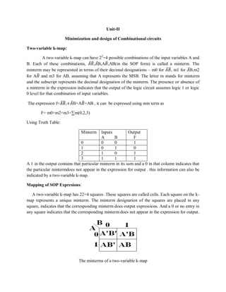 Unit-II
Minimization and design of Combinational circuits
Two-variable k-map:
A two-variable k-map can have 22
=4 possible combinations of the input variables A and
B. Each of these combinations, 𝐴 𝐵,𝐴B,A𝐵,AB(in the SOP form) is called a minterm. The
minterm may be represented in terms of their decimal designations – m0 for 𝐴 𝐵, m1 for 𝐴B,m2
for A𝐵 and m3 for AB, assuming that A represents the MSB. The letter m stands for minterm
and the subscript represents the decimal designation of the minterm. The presence or absence of
a minterm in the expression indicates that the output of the logic circuit assumes logic 1 or logic
0 level for that combination of input variables.
The expression f=𝐴 𝐵,+𝐴B+A𝐵+AB , it can be expressed using min term as
F= m0+m2+m3=∑m(0,2,3)
Using Truth Table:
Minterm Inputs
A B
Output
F
0 0 0 1
1 0 1 0
2 1 0 1
3 1 1 1
A 1 in the output contains that particular minterm in its sum and a 0 in that column indicates that
the particular mintermdoes not appear in the expression for output . this information can also be
indicated by a two-variable k-map.
Mapping of SOP Expresions:
A two-variable k-map has 22=4 squares .These squares are called cells. Each square on the k-
map represents a unique minterm. The minterm designation of the squares are placed in any
square, indicates that the corresponding minterm does output expressions. And a 0 or no entry in
any square indicates that the corresponding minterm does not appear in the expression for output.
The minterms of a two-variable k-map
 