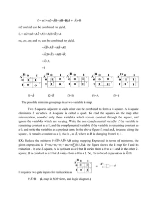 f3= m1+m3=𝐴B+AB=B(𝐴 + 𝐴)=B
m2 and m3 can be combined to yield,
f4 = m2+m3=A𝐵+AB=A(B+𝐵)=A
m0 ,m1 ,m2 and m3 can be combined to yield,
=𝐴 𝐵+𝐴𝐵 +A𝐵+AB
=𝐴(B+𝐵) +A(B+𝐵)
=𝐴+A
=1
f1=𝐴 f2=𝐵 f3=B f4=A f5=1
The possible minterm groupings in a two-variable k-map.
Two 2-squares adjacent to each other can be combined to form a 4-square. A 4-square
eliminates 2 variables. A 4-square is called a quad. To read the squares on the map after
minimization, consider only those variables which remain constant through the square, and
ignore the variables which are varying. Write the non complemented variable if the variable is
remaining constant as a 1, and the complemented variable if the variable is remaining constant as
a 0, and write the variables as a product term. In the above figure f1 read as𝐴, because, along the
square , A remains constant as a 0, that is , as 𝐴, where as B is changing from 0 to 1.
EX: Reduce the minterm f=𝐴 𝐵+A𝐵+AB using mapping Expressed in terms of minterms, the
given expression is F=m0+m1+m2+ m3=m∑(0,1,3)& the figure shows the k-map for f and its
reduction . In one 2-square, A is constant as a 0 but B varies from a 0 to a 1, and in the other 2-
square, B is constant as a 1 but A varies from a 0 to a 1. So, the reduced expressions is 𝐴+B.
It requires two gate inputs for realization as
f=𝐴+B (k-map in SOP form, and logic diagram.)
 