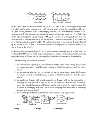 In this figure, along the 4-square formed by M1, M3, M7, M5, A and B are changing from a 0 to
a 1, where as C remains constant as a 1. SO it is read as 𝐶 . Along the 4-squad formed by M3,
M2, M7, and M6, variables A and C are changing from a 0 to a 1. But B remains constant as a 1.
So it is read as 𝐵. The minimal expression is the product of these two terms , i.e., f1 = (𝐶)(𝐵).also
in this figure, along the 2-square formed by M4 and M6 , variable B is changing from a 0 to a 1,
while variable A remains constant as a 1 and variable C remains constant as a 0. SO, read it as
𝐴+C. Similarly, the 2-square formed by M7 andM6 is read as 𝐴 + 𝐵, while the 2-square formed
by M2 and M6 is read as 𝐵+C. The minimal expression is the product of these sum terms, i.e, f2
=(𝐴 + 𝐶)+(𝐴 + 𝐵)+(𝐵 +C)
Ex:Reduce the expression f=∑m(0,2,3,4,5,6) using mapping and implement it in AOI logic as
well as in NAND logic.The Sop k-map and its reduction , and the implementation of the minimal
expression using AOI logic and the corresponding NAND logic are shown in figures below
In SOP k-map, the reduction is done as:
1. m5 has only one adjacency m4 , so combine m5 and m4 into a square. Along this 2-square
A remains constant as 1 and B remains constant as 0 but C varies from 0 to 1. So read it
as A𝐵.
2. m3 has only one adjacency m2 , so combine m3 and m2 into a square. Along this 2-square
A remains constant as 0 and B remains constant as 1 but C varies from 1 to 0. So read it
as 𝐴B.
3. m6 can form a 2-square with m2 and m4 can form a 2-square with m0, but observe that by
wrapping the map from left to right m0, m4 ,m2 ,m6 can form a 4-square. Out of these m2
andm4 have already been combined but they can be utilized again. So make it. Along this
4-square, A is changing from 0 to 1 and B is also changing from 0 to 1 but C is remaining
constant as 0. so read it as 𝐶.
4. Write all the product terms in SOP form. So the minimal SOP expression is
fmin=
k-map AOI logic NAND logic
 