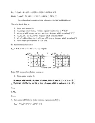 Ex: F=∑m(0,1,4,5,6,13,14,15,22,24,25,28,29,30,31) is SOP
POS is F=πM(2,3,7,8,9,10,11,12,16,17,18,19,20,21,23,26,27)
The real minimal expression is the minimal of the SOP and POS forms.
The reduction is done as
1. There is no isolated 1s
2. M12 can go only with m13. Form a 2-square which is read as A‘BCD‘
3. M0 can go with m2,m16 and m18 . so form a 4-square which is read as B‘C‘E‘
4. M20,m21,m17 and m16 form a 4-square which is read as AB‘D‘
5. M2,m3,m18,m19,m10,m11,m26 and m27 form an 8-square which is read as C‘d
6. Write all the product terms in SOP form.
So the minimal expression is
Fmin= A‘BCD‘+B‘C‘E‘+AB‘D‘+C‘D(16 inputs)
In the POS k-map ,the reduction is done as:
1. There are no isolated 0s
3.
4.M8
5. M28
6.M30
7. Sum terms in POS form. So the minimal expression in POS is
Fmin= A‘BcD‘+B‘C‘E‘+AB‘D‘+C‘D
 