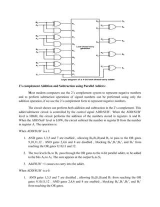2’s complement Addition and Subtraction using Parallel Adders:
Most modern computers use the 2‘s complement system to represent negative numbers
and to perform subtraction operations of signed numbers can be performed using only the
addition operation ,if we use the 2‘s complement form to represent negative numbers.
The circuit shown can perform both addition and subtraction in the 2‘s complement. This
adder/subtractor circuit is controlled by the control signal ADD/SUB‘. When the ADD/SUB‘
level is HIGH, the circuit performs the addition of the numbers stored in registers A and B.
When the ADD/Sub‘ level is LOW, the circuit subtract the number in register B from the number
in register A. The operation is:
When ADD/SUB‘ is a 1:
1. AND gates 1,3,5 and 7 are enabled , allowing B0,B1,B2and B3 to pass to the OR gates
9,10,11,12 . AND gates 2,4,6 and 8 are disabled , blocking B0‘,B1‘,B2‘, and B3‘ from
reaching the OR gates 9,10,11 and 12.
2. The two levels B0 to B3 pass through the OR gates to the 4-bit parallel adder, to be added
to the bits A0 to A3. The sum appears at the output S0 to S3
3. Add/SUB‘ =1 causes no carry into the adder.
When ADD/SUB‘ is a 0:
1. AND gates 1,3,5 and 7 are disabled , allowing B0,B1,B2and B3 from reaching the OR
gates 9,10,11,12 . AND gates 2,4,6 and 8 are enabled , blocking B0‘,B1‘,B2‘, and B3‘
from reaching the OR gates.
 
