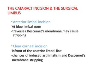 THE CATARACT INCISION & THE SURGICAL
LIMBUS
•Anterior limbal incision
-
At blue limbal zone
-traverses Descemet’s membrane,may cause
stripping
•Clear corneal incision
-
infront of the anterior limbal line
-chances of induced astigmatism and Descemet’s
membrane stripping
 