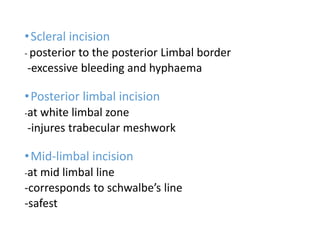•Scleral incision
- posterior to the posterior Limbal border
-excessive bleeding and hyphaema
•Posterior limbal incision
-at white limbal zone
-injures trabecular meshwork
•Mid-limbal incision
-at mid limbal line
-corresponds to schwalbe’s line
-safest
 