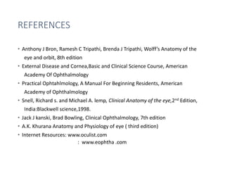 REFERENCES
• Anthony J Bron, Ramesh C Tripathi, Brenda J Tripathi, Wolff’s Anatomy of the
eye and orbit, 8th edition
• External Disease and Cornea,Basic and Clinical Science Course, American
Academy Of Ophthalmology
• Practical Ophtahlmology, A Manual For Beginning Residents, American
Academy of Ophthalmology
• Snell, Richard s. and Michael A. lemp, Clinical Anatomy of the eye,2nd Edition,
India:Blackwell science,1998.
• Jack J kanski, Brad Bowling, Clinical Ophthalmology, 7th edition
• A.K. Khurana Anatomy and Physiology of eye ( third edition)
• Internet Resources: www.oculist.com
: www.eophtha .com
 