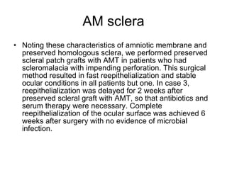 AM sclera Noting these characteristics of amniotic membrane and preserved homologous sclera, we performed preserved scleral patch grafts with AMT in patients who had scleromalacia with impending perforation. This surgical method resulted in fast reepithelialization and stable ocular conditions in all patients but one. In case 3, reepithelialization was delayed for 2 weeks after preserved scleral graft with AMT, so that antibiotics and serum therapy were necessary. Complete  reepithelialization of the ocular surface was achieved 6 weeks after surgery with no evidence of microbial infection. 