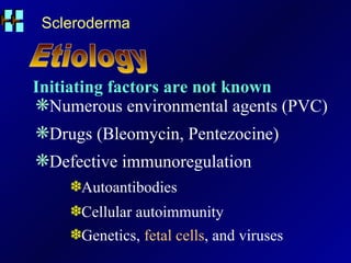 Scleroderma Initiating factors are not known Numerous environmental agents (PVC) Drugs (Bleomycin, Pentezocine) Defective immunoregulation Autoantibodies Cellular autoimmunity  Genetics,  fetal cells , and viruses   Etiology 
