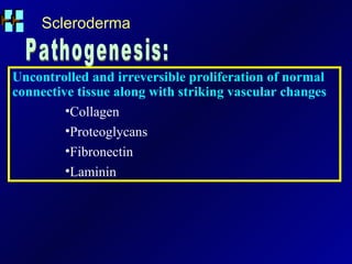 Scleroderma Pathogenesis: Uncontrolled and irreversible proliferation of normal connective tissue along with striking vascular changes Collagen Proteoglycans Fibronectin Laminin 
