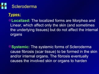 Scleroderma Types: Localized:   The localized forms are Morphea and Linear, which affect only the skin (and sometimes the underlying tissues) but do not affect the internal organs Systemic:   The systemic forms of Scleroderma cause fibrosis (scar tissue) to be formed in the skin and/or internal organs. The fibrosis eventually causes the involved skin or organs to harden 