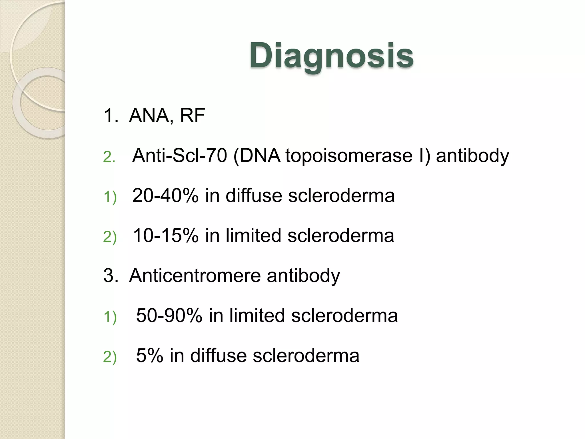 Diagnosis
1. ANA, RF
2. Anti-Scl-70 (DNA topoisomerase I) antibody
1) 20-40% in diffuse scleroderma
2) 10-15% in limited scleroderma
3. Anticentromere antibody
1) 50-90% in limited scleroderma
2) 5% in diffuse scleroderma
 