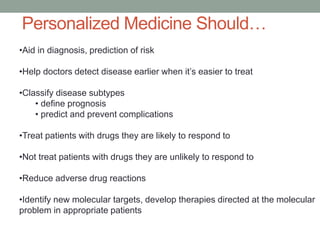 Personalized Medicine Should… 
•Aid in diagnosis, prediction of risk 
•Help doctors detect disease earlier when it’s easier to treat 
•Classify disease subtypes 
• define prognosis 
• predict and prevent complications 
•Treat patients with drugs they are likely to respond to 
•Not treat patients with drugs they are unlikely to respond to 
•Reduce adverse drug reactions 
•Identify new molecular targets, develop therapies directed at the molecular 
problem in appropriate patients 
 