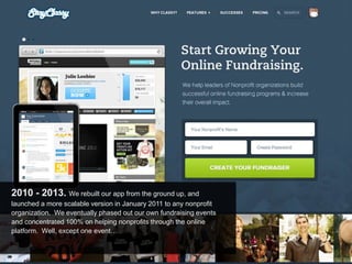 2010 - 2013. We rebuilt our app from the ground up, and
launched a more scalable version in January 2011 to any nonprofit
organization. We eventually phased out our own fundraising events
and concentrated 100% on helping nonprofits through the online
platform. Well, except one event…
 