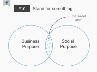 Stand for something.
#10
Business
Purpose
Social
Purpose
the sweet
spot
 