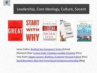 Leadership, Core Ideology, Culture, Socent
James Collins: Building Your Company’s Vision [Article]
Dharmesh Shah: Culture Code: Creating a Lovable Company [Pres]
Tony Hsieh: Zappos Lessons: Building a Customer Focused Culture [Pres]
David Bornstein’s New York Times Social Entrepreneurship Blog [Blog]
 