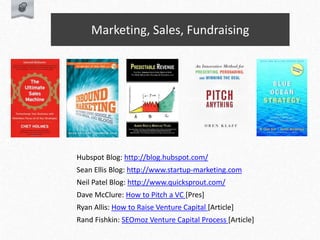 Marketing, Sales, Fundraising
Hubspot Blog: http://blog.hubspot.com/
Sean Ellis Blog: http://www.startup-marketing.com
Neil Patel Blog: http://www.quicksprout.com/
Dave McClure: How to Pitch a VC [Pres]
Ryan Allis: How to Raise Venture Capital [Article]
Rand Fishkin: SEOmoz Venture Capital Process [Article]
 