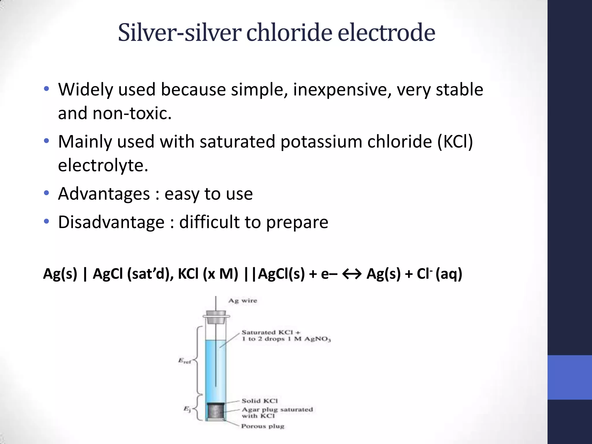 Silver-silver chloride electrode

• Widely used because simple, inexpensive, very stable
  and non-toxic.
• Mainly used with saturated potassium chloride (KCl)
  electrolyte.
• Advantages : easy to use
• Disadvantage : difficult to prepare

Ag(s) | AgCl (sat’d), KCl (x M) ||AgCl(s) + e– ↔ Ag(s) + Cl- (aq)
 