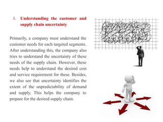 1. Understanding the customer and
supply chain uncertainty
Primarily, a company must understand the
customer needs for each targeted segments.
After understanding this, the company also
tries to understand the uncertainty of these
needs of the supply chain. However, these
needs help to understand the desired cost
and service requirement for these. Besides,
we also see that uncertainty identifies the
extent of the unpredictability of demand
and supply. This helps the company to
prepare for the desired supply chain.
28
 