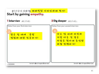 재해석된 디자인과제 적기!




2                     3
    같은 팀 내에‘공항’           다른 팀 내에 자신과
    경험에 대한 질문하기!          가장 다를 것 같은
                          사람을 찾아내 동일한
                          과정 진행하기!




                                        41
 