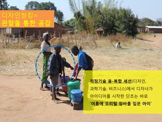 디자인씽킹=
관찰을 통한 공감




            적정기술 융-복합 세션(디자인,
            과학기술, 비즈니스)에서 디자너가
            아이디어를 시작한 단초는 바로
            ‘여름에 오리털 잠바를 입은 아이’

                                4
 