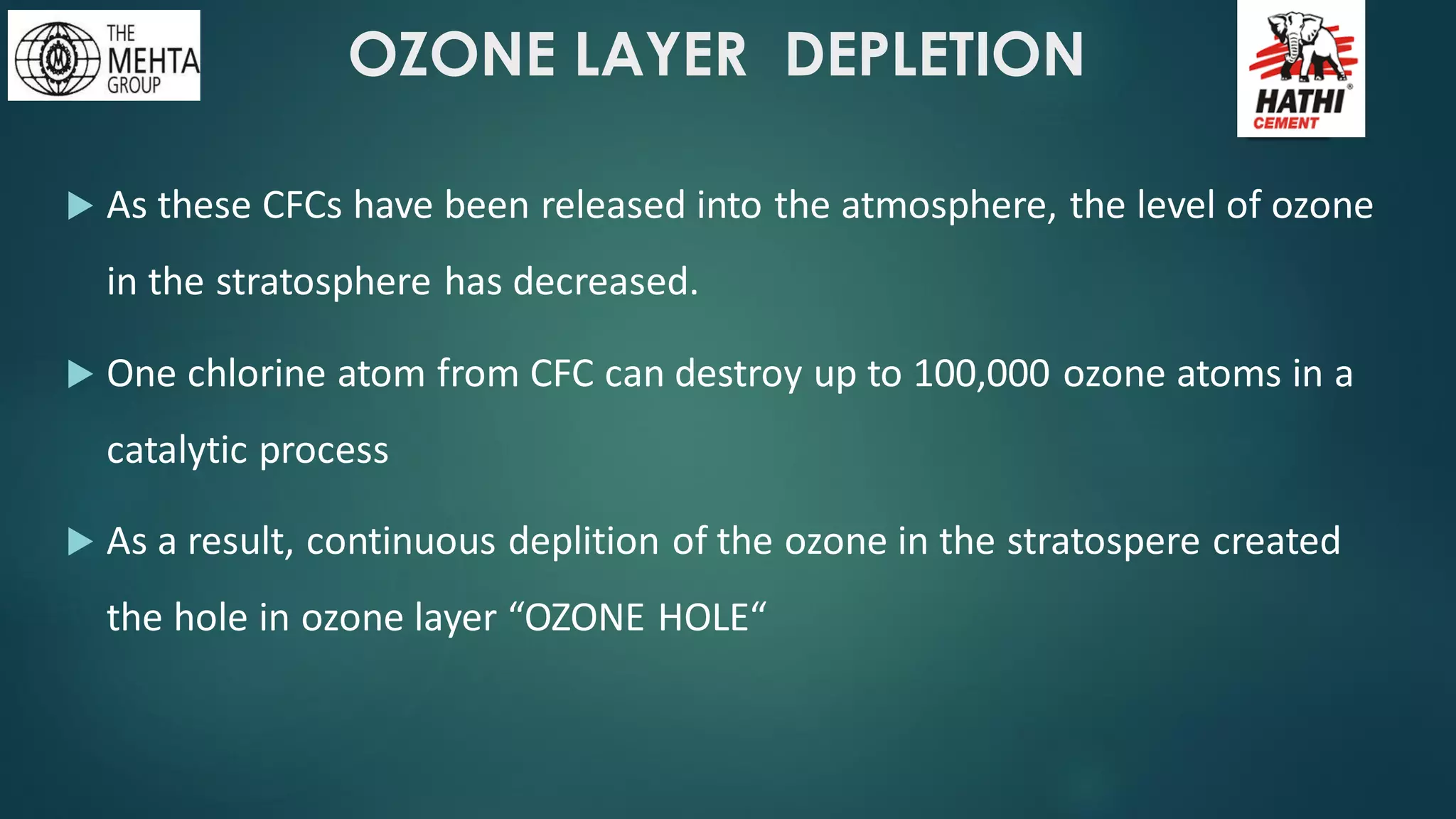  As these CFCs have been released into the atmosphere, the level of ozone
in the stratosphere has decreased.
 One chlorine atom from CFC can destroy up to 100,000 ozone atoms in a
catalytic process
 As a result, continuous deplition of the ozone in the stratospere created
the hole in ozone layer “OZONE HOLE“
OZONE LAYER DEPLETION
 