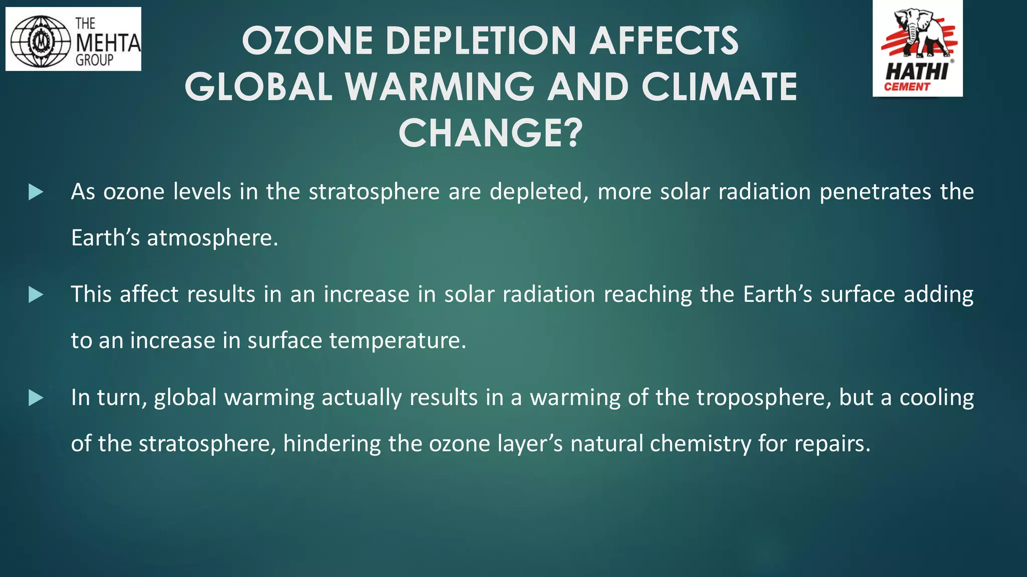 OZONE DEPLETION AFFECTS
GLOBAL WARMING AND CLIMATE
CHANGE?
 As ozone levels in the stratosphere are depleted, more solar radiation penetrates the
Earth’s atmosphere.
 This affect results in an increase in solar radiation reaching the Earth’s surface adding
to an increase in surface temperature.
 In turn, global warming actually results in a warming of the troposphere, but a cooling
of the stratosphere, hindering the ozone layer’s natural chemistry for repairs.
 