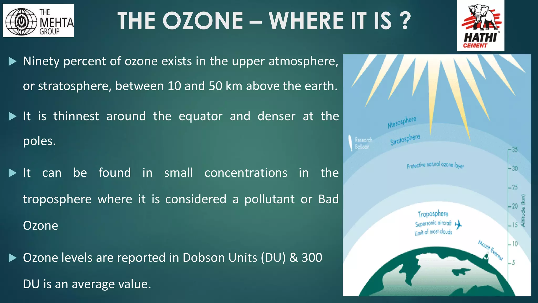 THE OZONE – WHERE IT IS ?
 Ninety percent of ozone exists in the upper atmosphere,
or stratosphere, between 10 and 50 km above the earth.
 It is thinnest around the equator and denser at the
poles.
 It can be found in small concentrations in the
troposphere where it is considered a pollutant or Bad
Ozone
 Ozone levels are reported in Dobson Units (DU) & 300
DU is an average value.
 