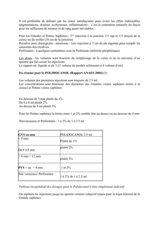 Il est préférable de débuter par les zones intrafasciales pour éviter les effets indésirables
(pigmentations, douleur, ecchymoses, inflammation) ; c’est la contention naturelle du fascia
pour les suffusions de mousse et de sang quasi inévitables.

Pour les Grandes et Petites Saphènes : 1ère injection à la jonction 1/3 sup et 1/3 moyen de la
cuisse ou du mollet (10 cm de la jonction)
Récidive post chirurgicale : néocrosse : 1ère injection à 7 cm du pli inguinal pour remplir les
sinuosités des récidives
Perforantes : à quelques centimètres sous la Perforante (artériole périphérique)

Les doses : les volumes sont fonction du remplissage de la veine et de la survenue d’un
spasme qui fait cesser les injections
Le rapport air /liquide et de ¼ (1 volume de produit sclérosant et 4 volume d’air)

En résumé pour le POLIDOCANOL (Rapport ANAES 2004) (5)

Les volumes des premières injections sont toujours de 2.5 ml
Les concentrations sont fonctions des diamètres des Grandes veines saphènes (tronc à la
cuisse) et Petites veines saphènes


En dessous de 5 mm plutôt du 1%
De 6 à 8 ml plutôt 2%
Au dessus de 9 ml plutôt 3%

Pour les Petites saphènes la limite entre 1 et 2% semble être au dessus ou au dessous de 4 mm

Néovaisseaux et Perforantes : 1 à 2% de 1 à 2.5 ml



GVS en mm                       POLIDOCANOL 2.5 ml
< 5 mm
                                Plutôt du 1%
                                plutôt 2%
De 6 à 8 mm
> 9 mm < 12 mm
                                plutôt 3%

PVS < ou > 4 mm                  1 et 2%
Néo vaisseaux/ Perforantes
                                1 à 2% de 1 à 2.5 ml


Tableau récapitulatif des dosages pour le Polidocanol à titre simplement indicatif

On répétera les injections jusqu’au spasme veineux (objectif requis pour le trajet fémoral de la
Grande saphène)
 