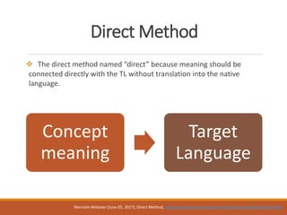 Direct Method
 The direct method named “direct” because meaning should be
connected directly with the TL without translation into the native
language.
Merriam-Webster (June 05, 2017), Direct Method, https://www.merriam-webster.com/dictionary/direct%20method
Concept
meaning
Target
Language
 