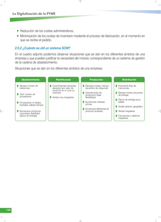 126
La Digitalización de la PYME
• Reducción de los costes administrativos.
• Minimización de los costes de inventario mediante el proceso de fabricación, en el momento en
que se recibe el pedido.
2.5.2 ¿Cuándo es útil un sistema SCM?
En el cuadro adjunto podemos observar situaciones que se dan en los diferentes ámbitos de una
empresa y que pueden justificar la necesidad del módulo correspondiente de un sistema de gestión
de la cadena de abastecimiento.
Situaciones que se dan en los diferentes ámbitos de una empresa:
Abastecimiento
Elevado número de
referencias
Gran número de
proveedores
Proveedores no fiables
(cantidad, calidad, tiempo)
Numerosos productos
importados (fiabilidad,
plazos de entrega)
Planificación
Costo financiero de stocks
elevados (por valor de
producto en sí o por su
volúmen)
Ventas muy irregulares
Producción
Elevados costes y tiempo
(recambio de máquinas)
Grandes lotes de
producción (baja
flexibilidad)
Numerosas materias
primas
Numerosas referencias de
producto acabado
Distribución
Importante flujo de
mercancías
Elevado número de puntos
de entrega
Plazos de entrega poco
fiables
Amplio alcance geográfico
Ventas irregulares
Frecuencias y destinos
irregulares
 