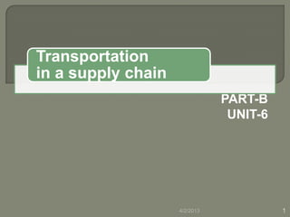 Transportation
in a supply chain
                               PART-B
                                UNIT-6




                    4/2/2013             1
 