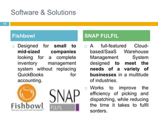 Software & Solutions 
 Designed for small to 
mid-sized companies 
looking for a complete 
inventory management 
system without replacing 
QuickBooks for 
accounting. 
15 
Fishbowl SNAP FULFIL 
 A full-featured Cloud-based/ 
SaaS Warehouse 
Management System 
designed to meet the 
needs of a variety of 
businesses in a multitude 
of industries. 
 Works to improve the 
efficiency of picking and 
dispatching, while reducing 
the time it takes to fulfil 
sorders. 
 
