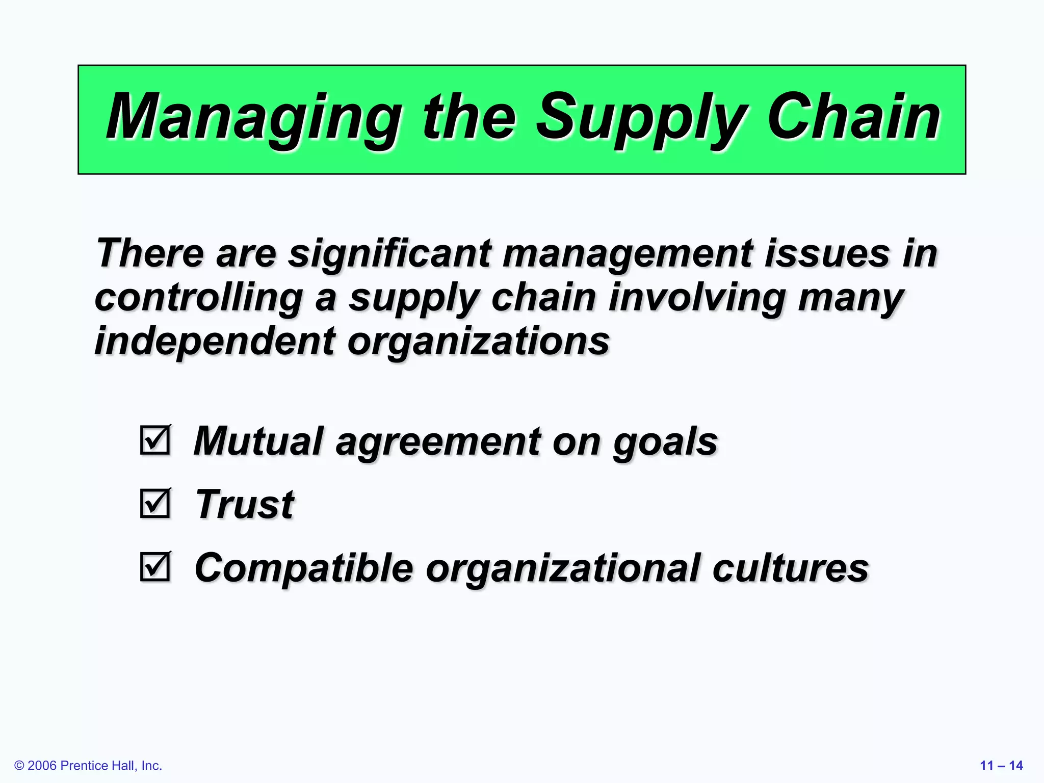 © 2006 Prentice Hall, Inc. 11 – 14
Managing the Supply Chain
 Mutual agreement on goals
 Trust
 Compatible organizational cultures
There are significant management issues in
controlling a supply chain involving many
independent organizations
 