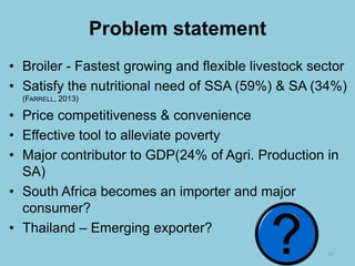 Problem statement 
•Broiler -Fastest growing and flexible livestock sector 
•Satisfy the nutritional need of SSA (59%) & SA (34%) (FARRELL,2013) 
•Price competitiveness & convenience 
•Effective tool to alleviate poverty 
•Major contributor to GDP(24% of Agri. Production in SA) 
•South Africa becomes an importer and major consumer? 
•Thailand –Emerging exporter? 
12  