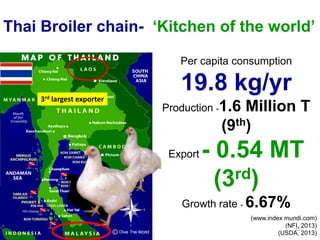 Per capita consumption 19.8 kg/yrProduction -1.6 Million T (9th) Export-0.54 MT (3rd) Growth rate -6.67% 
Thai Broiler chain-‘Kitchen of the world’ 
(www.index mundi.com) 
(NFI, 2013) 
(USDA, 2013) 3rdlargest exporter 
15  