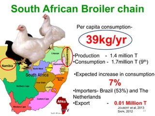 South African Broiler chain 
39kg/yr 
•Production -1.4 million T 
•Consumption -1.7million T (9th) 
•Expected increase in consumption- 7% 
•Importers-Brazil (53%) and The Netherlands 
•Export -0.01 Million TJOUBERTet al, 2013SAPA, 2012 
Per capita consumption- 
23  