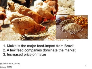 (JOUBERTet al, 2014) 
(Louw, 2011) 1. Maize is the major feed-import from Brazil! 2. A few feed companies dominate the market3. Increased price of maize 
31  