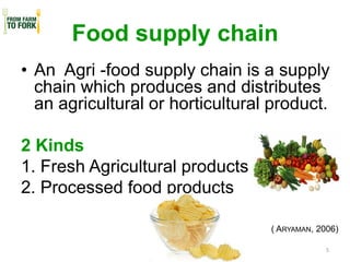 Food supply chain 
•An Agri-food supply chain is a supply chain which produces and distributes an agricultural or horticultural product. 
2 Kinds 
1. Fresh Agricultural products 
2. Processed food products 
( ARYAMAN, 2006) 
5  