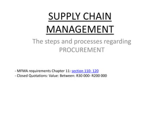 SUPPLY CHAIN
                  MANAGEMENT
          The steps and processes regarding
                   PROCUREMENT

- MFMA requirements Chapter 11: section 110- 120
- Closed Quotations: Value: Between: R30 000- R200 000
 