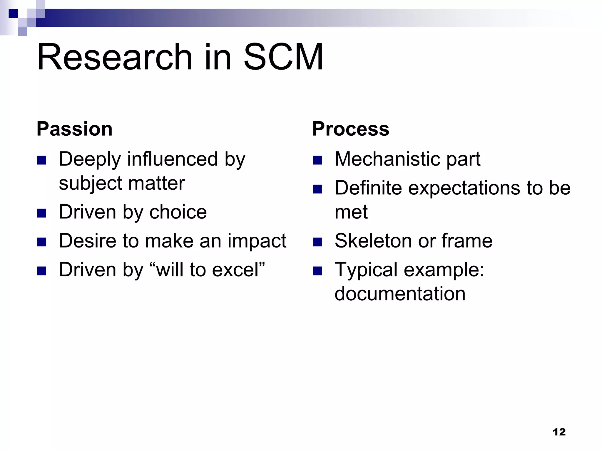 Research in SCM
Passion
 Deeply influenced by
subject matter
 Driven by choice
 Desire to make an impact
 Driven by “will to excel”
Process
 Mechanistic part
 Definite expectations to be
met
 Skeleton or frame
 Typical example:
documentation
12
 