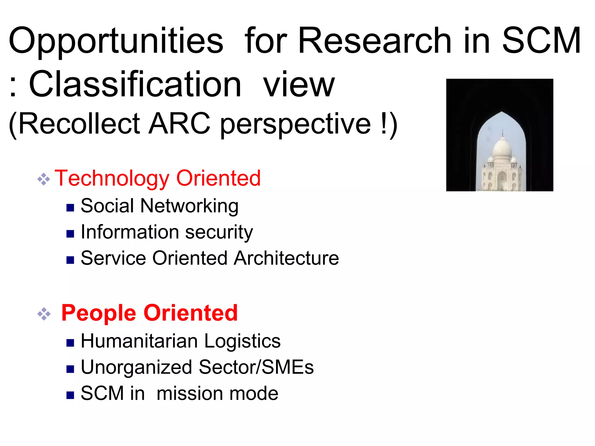 Opportunities for Research in SCM
: Classification view
(Recollect ARC perspective !)
 Technology Oriented
 Social Networking
 Information security
 Service Oriented Architecture
 People Oriented
 Humanitarian Logistics
 Unorganized Sector/SMEs
 SCM in mission mode
 