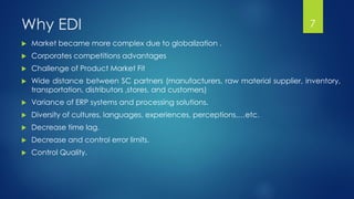 Why EDI
 Market became more complex due to globalization .
 Corporates competitions advantages
 Challenge of Product Market Fit
 Wide distance between SC partners (manufacturers, raw material supplier, inventory,
transportation, distributors ,stores, and customers)
 Variance of ERP systems and processing solutions.
 Diversity of cultures, languages, experiences, perceptions,…etc.
 Decrease time lag.
 Decrease and control error limits.
 Control Quality.
7
 