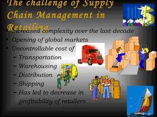 The challenge of Supply Chain Management in Retailing Increased complexity over the last decade Opening of global markets Uncontrollable cost of Transportation Warehousing  Distribution Shipping Has led to decrease in profitability of retailers 